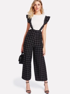 SHEIN Double Breasted Palazzo Pants With Ruffle Strap